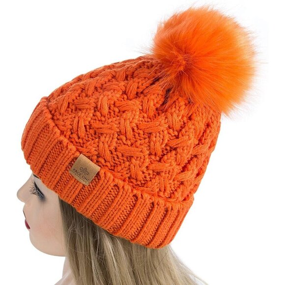 Women’s Orange Winter Ribbed Beanie Hat Chunky Cable Knit Pompom Warm main image 5